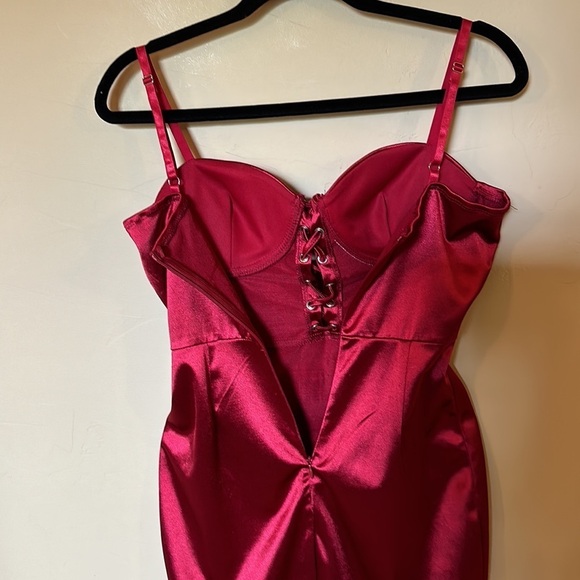 Red satin mini dress corset front ties padded bra adjustable straps ruched Sz S - Picture 13 of 14